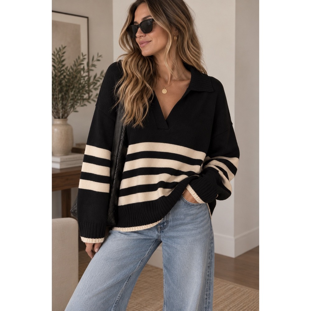 Ellen Tracy Black Natural Stripe Super Soft Polo V-Neck SweaterNWT women's Large